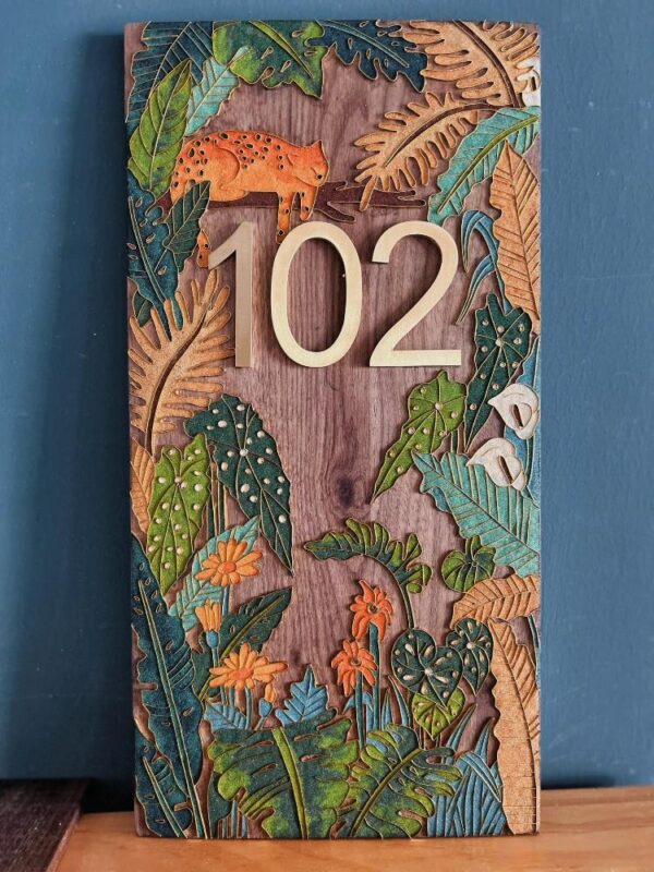 Lucky Custom Cloisonné Enamel House Number Plate – Tropical Jungle Design for a Unique Home Entrance - Leopard Edition